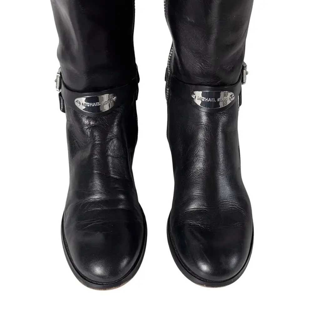 Michael Kors Arley Tall Boots Womens 6.5 Black Leather Equestrian Flat Knee High